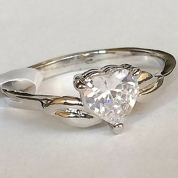 Silver Heart Cubic Zirconia Ring Size 8 9 Solitaire Promise Plated Engagement - Picture 1 of 8